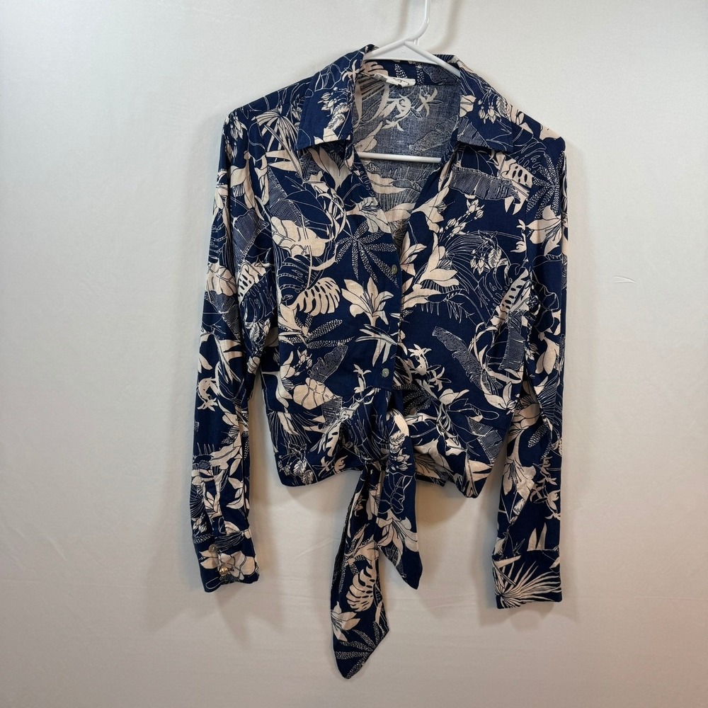 Panama Jack Womens Navy Tropical Floral Linen Blend Tie Front Shirt Small